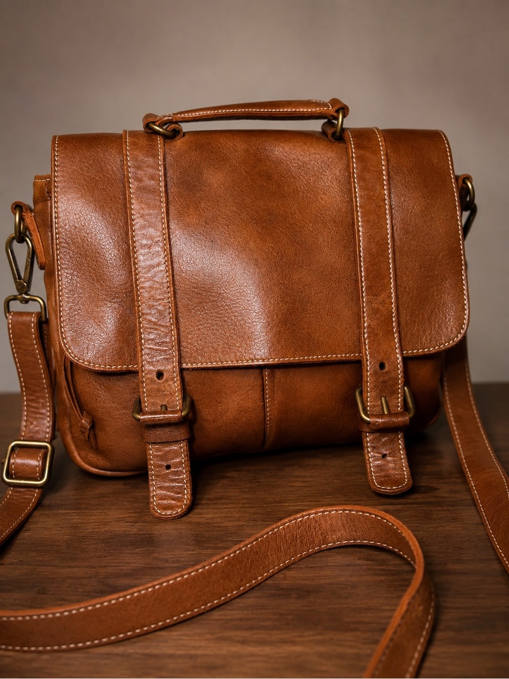 Roots Tan Leather Messenger Bag for Men